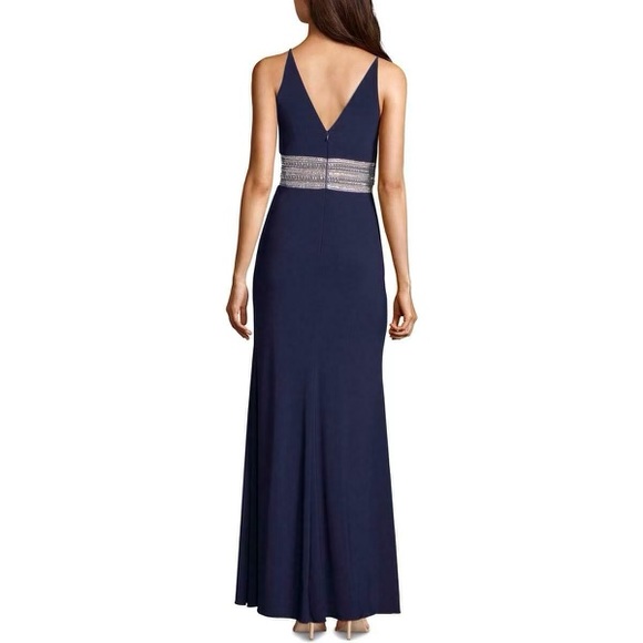 Xscape Beaded Plunge Gown - Navy & Silver - Picture 2 of 12
